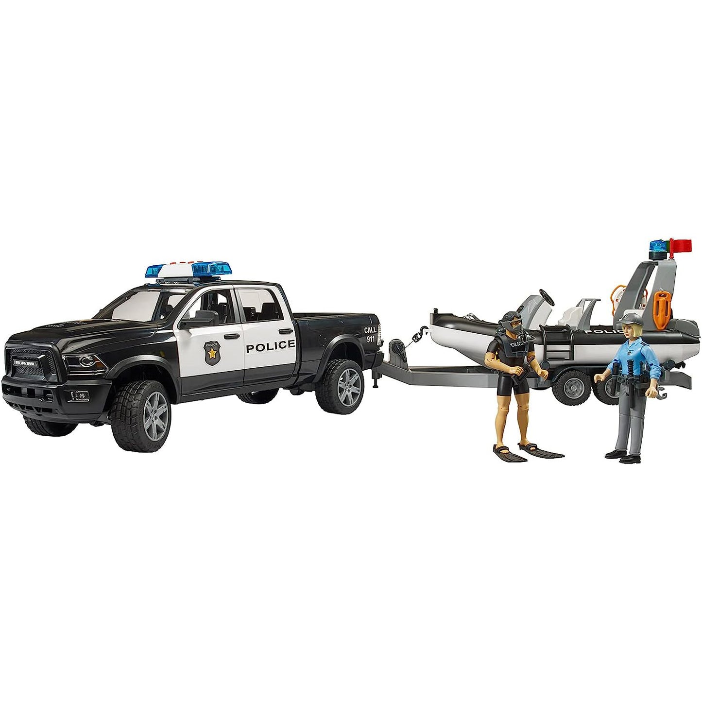 Bruder RAM 2500 Police Pickup with L + S Module Trailer, Boat and 2 Figures