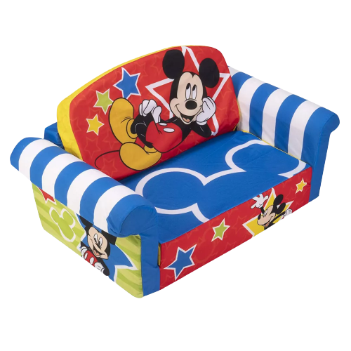 Marshmallow Furniture Kids 2-in-1 Flip Open Comfortable Foam Compressed Lounging Sofa Chair and Extendable Sleeper Bed, Mickey Mouse