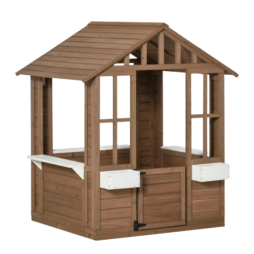 Outsunny Kids Wooden Playhouse, Outdoor Garden Games Cottage, with Working Door, Windows, Flowers Pot Holder, 47" x 38" x 54"