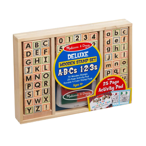 Melissa & Doug Deluxe Letters and Numbers Wooden Stamp Set ABCs 123s With Activity Book, 4-Color Stamp Pad