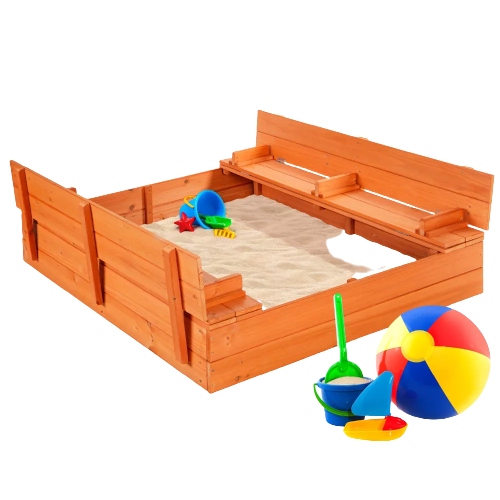 Best Choice Products 47x47-Inch Kids Wooden Outdoor Sandbox w/ 2 Foldable Bench Seats, Sand Protection, Liner - Brown