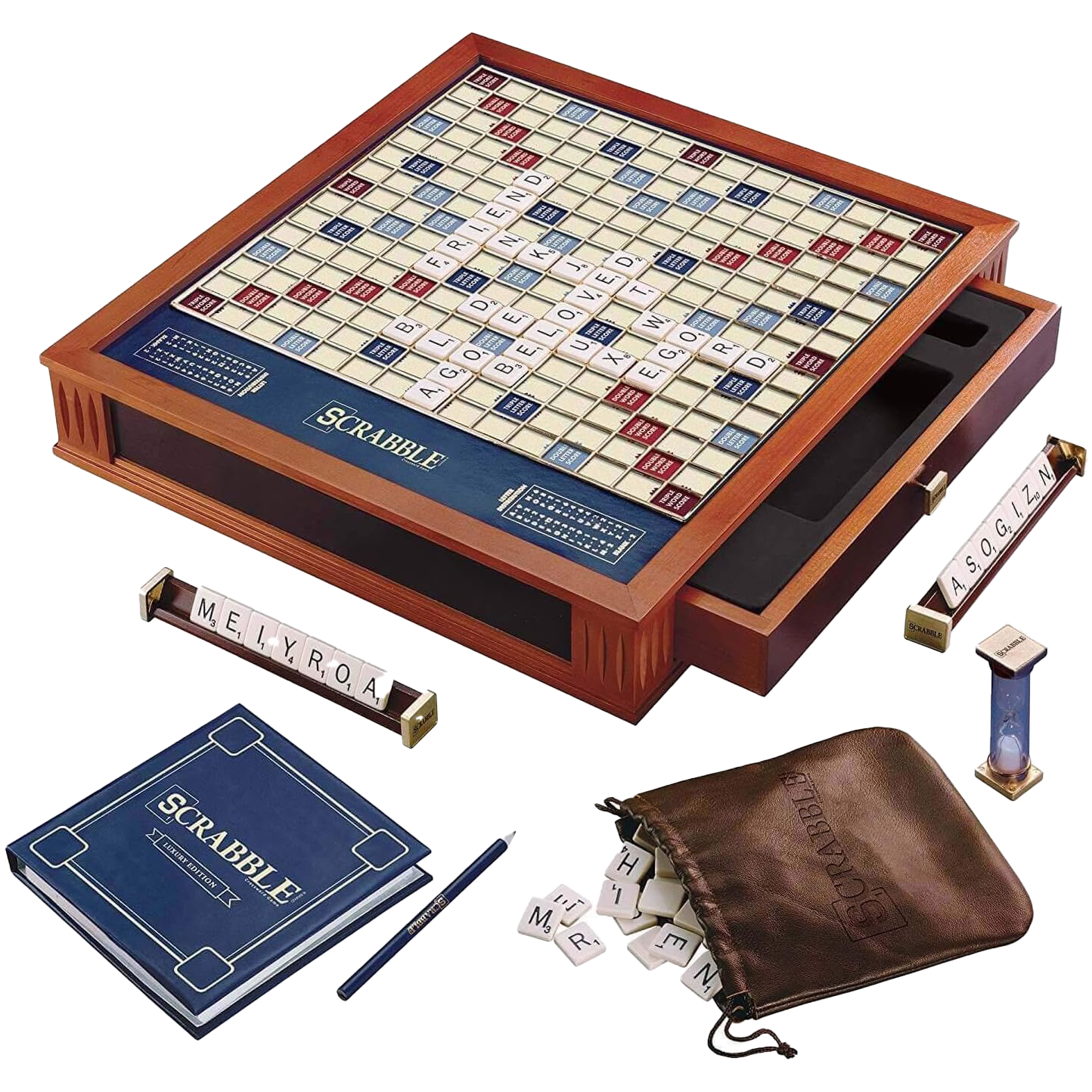 WS Game Company Scrabble Trophy Luxury Edition with Rotating Wooden Game Board