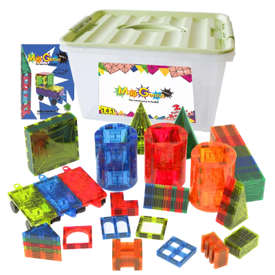 Mag Genius - 141 pieces Larger Set Geometrical Shaped Colorful and Transparent Magnetic Building Tiles - 4D Shapes