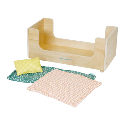 Manhattan Toy Night Night Wooden Play Sleigh Bed with Pillow and Blanket for Dolls and Stuffed Animals