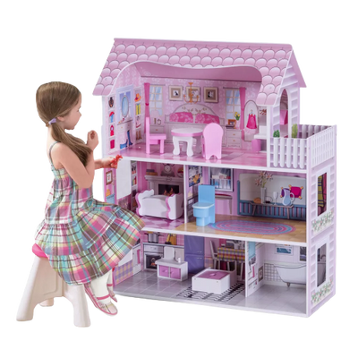 Costway 28'' Pink Dollhouse w/ Furniture Gliding Elevator Rooms 3 Levels Young Girls Toy