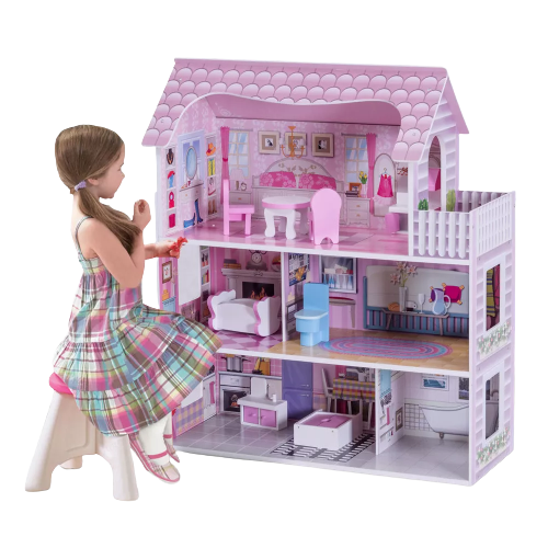 Costway 28'' Pink Dollhouse w/ Furniture Gliding Elevator Rooms 3 Levels Young Girls Toy