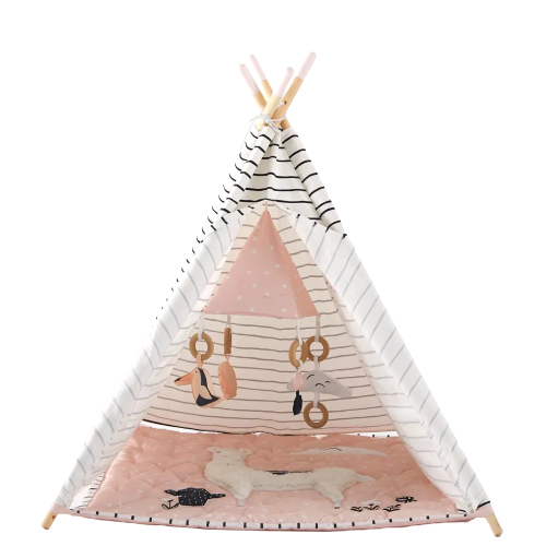 Wonder&Wise Striped Indoor Baby Toddler Childrens Foldable Canvas Activity Toy Play Tent with Llama Animal Floor Mat for Ages 6 Months and Up