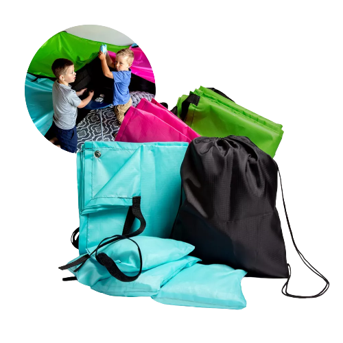 JumpOff Jo Build Me Blanket Fort, Configurable Play Tent Kit, 3 Ripstop Blankets, Beanbags & Drawstring Backpack