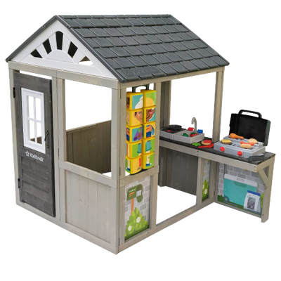 KidKraft Patio Party Wooden Outdoor Playhouse with Spinner Block Puzzle - 14pc