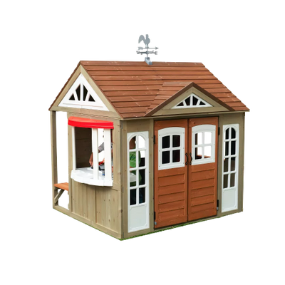 KidKraft Country Vista Wooden Outdoor Playhouse with Double Doors Play Kitchen & Benches