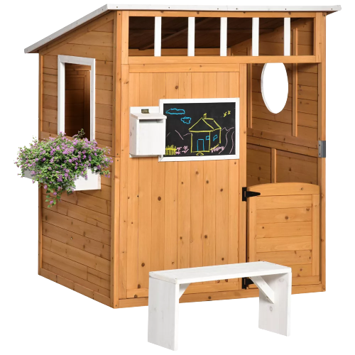 Outsunny Wooden Playhouse for Kids Outdoor, Garden Games Cottage, with Working Door, Windows, Mailbox, Bench, Flowers Pot Holder, 48" x 42.5" x 53"