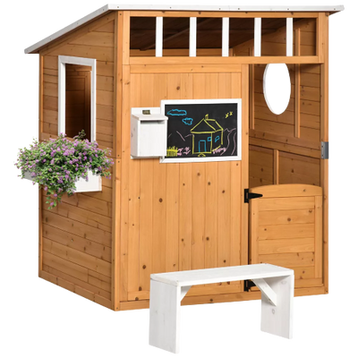 Outsunny Wooden Playhouse for Kids Outdoor, Garden Games Cottage, with Working Door, Windows, Mailbox, Bench, Flowers Pot Holder, 48" x 42.5" x 53"