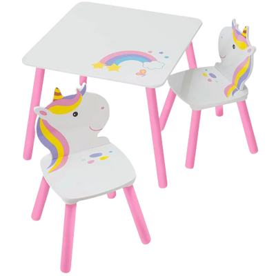 HearthSong Kids' Rainbow Unicorn Table and Two Chairs Playroom Furniture Set