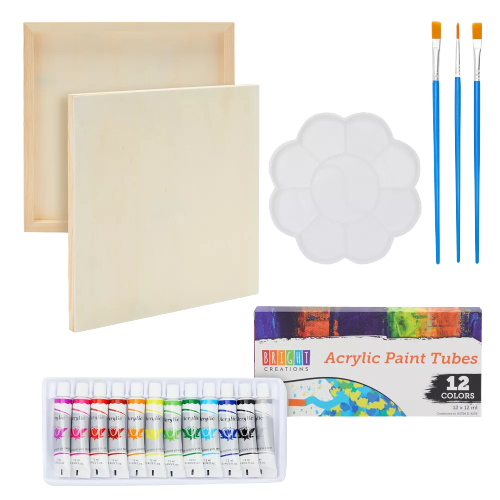 Bright Creations 18 Pieces 12x12 Wooden Canvas Painting Set with 12 Acrylic Paint Tubes, 3 Brushes, and 1 Plastic Palette