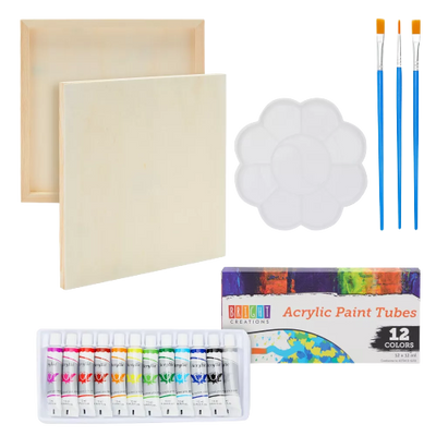 Bright Creations 18 Pieces 12x12 Wooden Canvas Painting Set with 12 Acrylic Paint Tubes, 3 Brushes, and 1 Plastic Palette